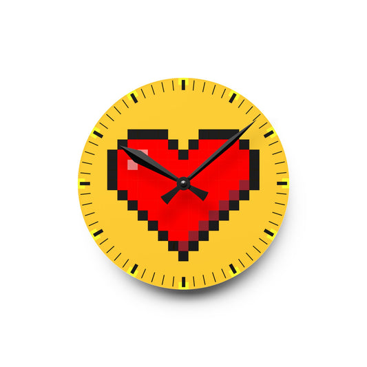 Heart Retro Pixel Art Arcade Yellow Acrylic Wall Clock