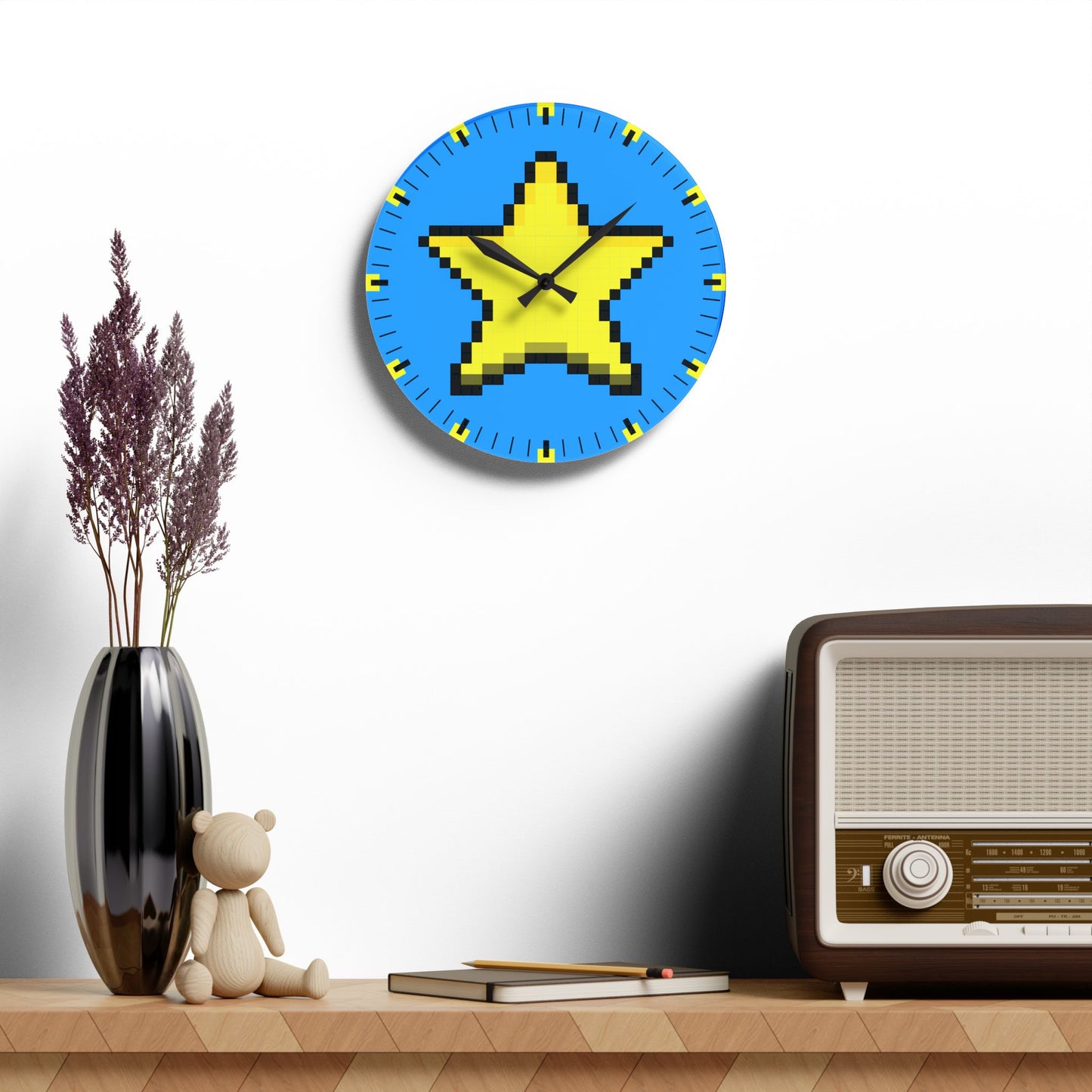 Star Retro Pixel Art Mega Blue Acrylic Wall Clock