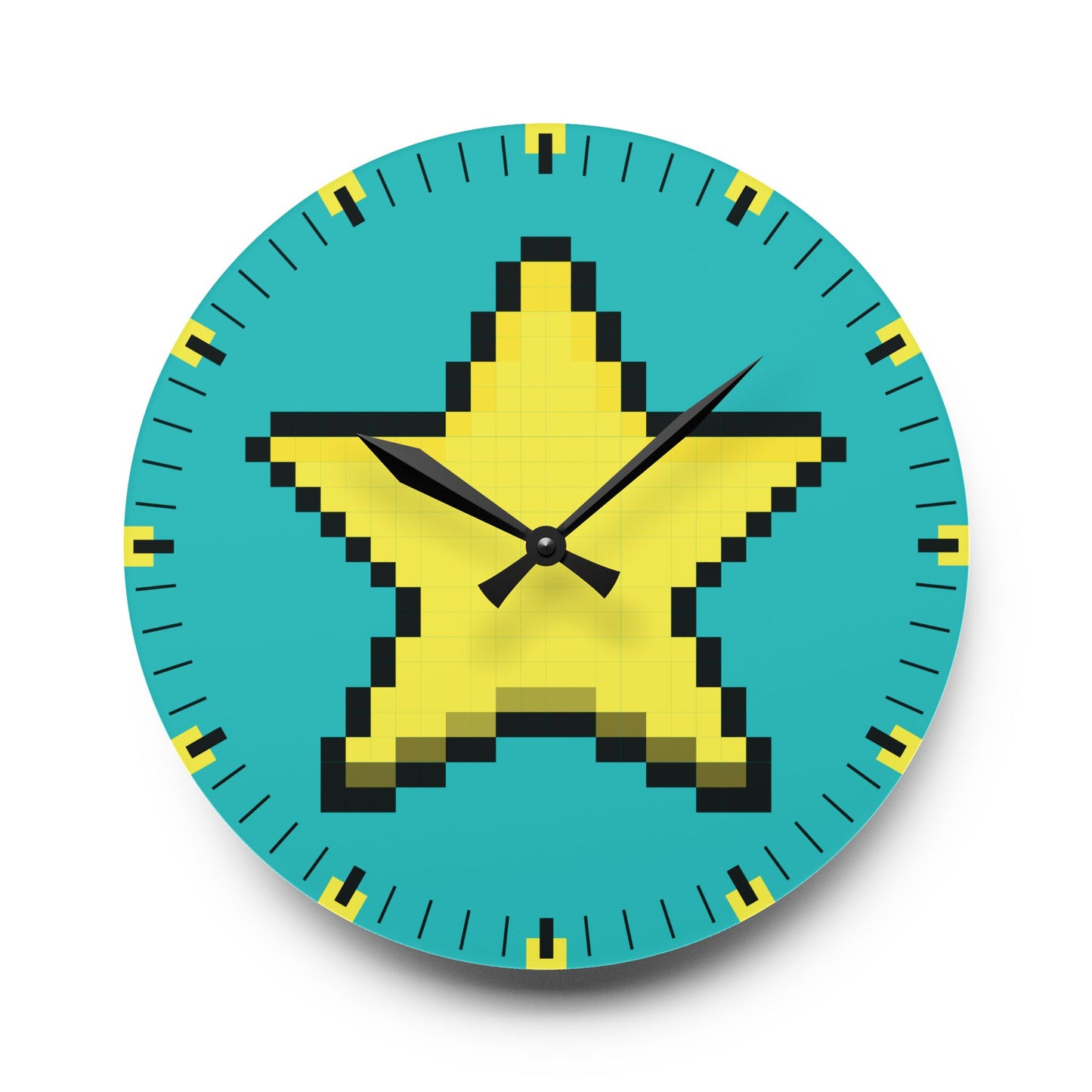 Star Retro Pixel Art Vibrant Teal Acrylic Wall Clock