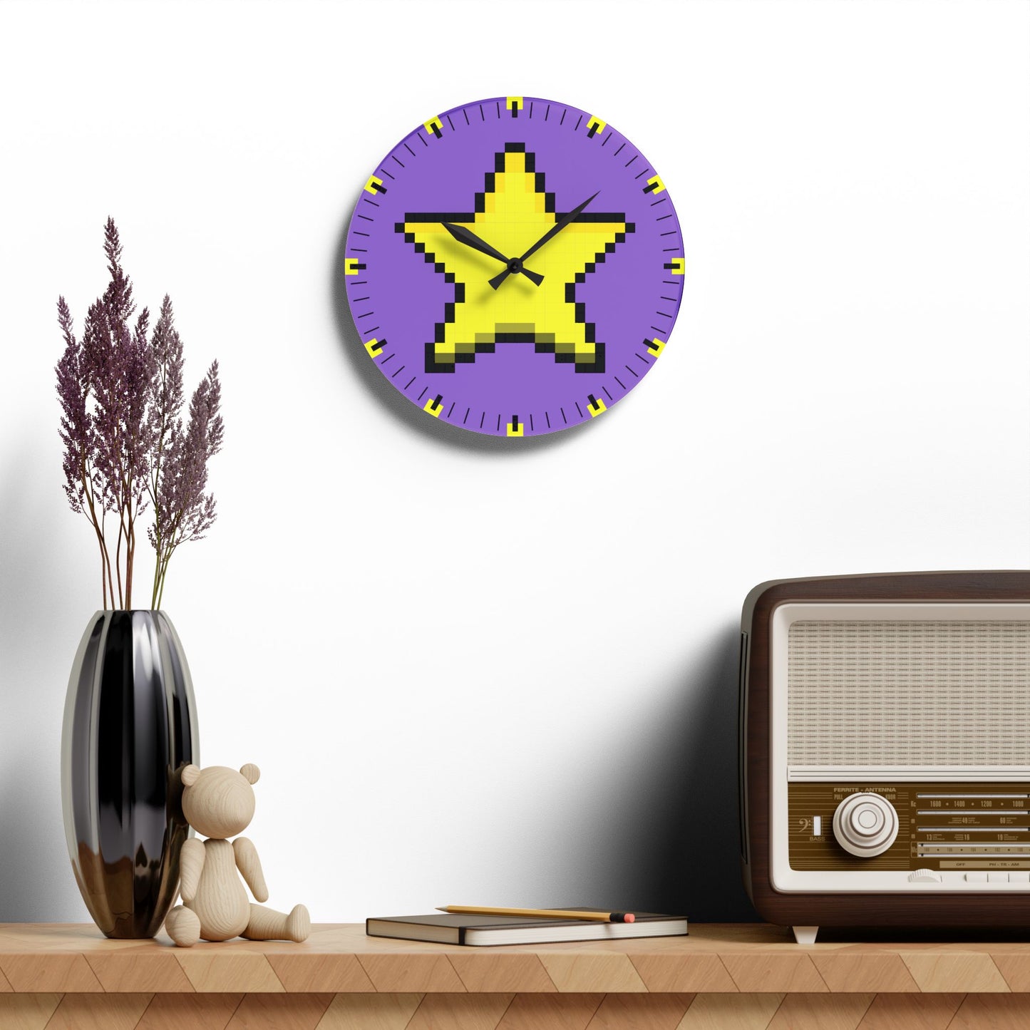 Star Retro Pixel Art Vintage Lavander Acrylic Wall Clock