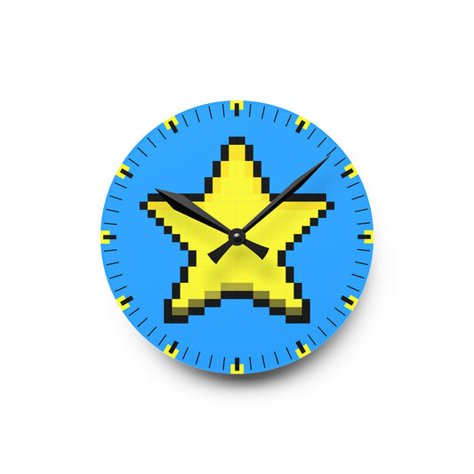 Star Retro Pixel Art Mega Blue Acrylic Wall Clock