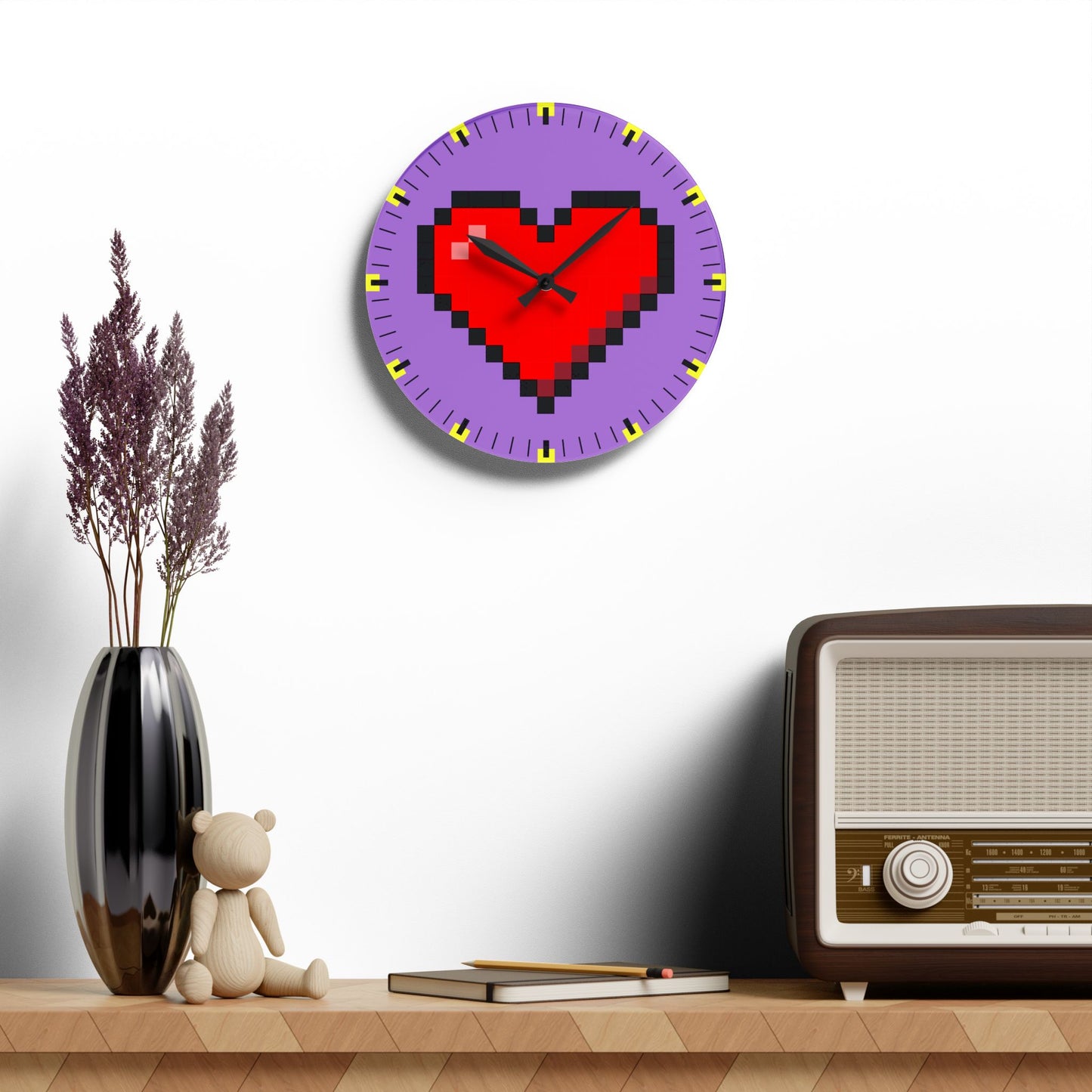 Heart Retro Pixel Art RPG Lavander Acrylic Wall Clock