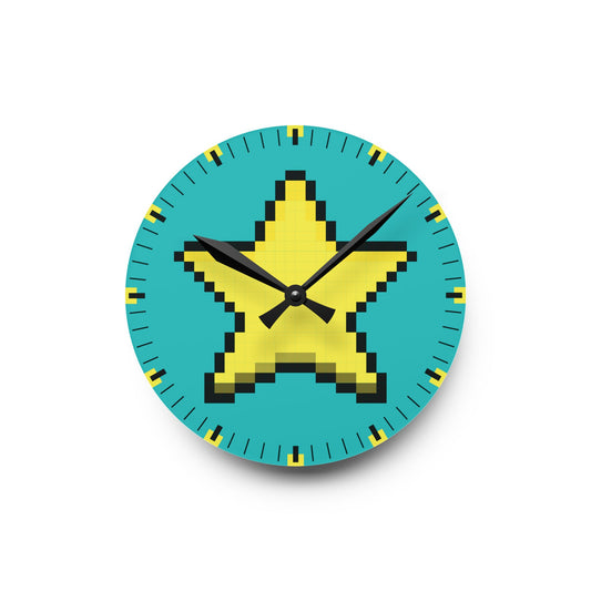 Star Retro Pixel Art Vibrant Teal Acrylic Wall Clock