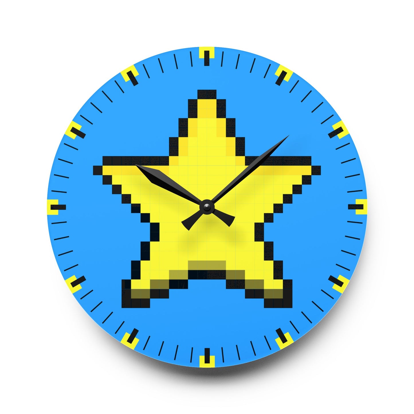 Star Retro Pixel Art Mega Blue Acrylic Wall Clock