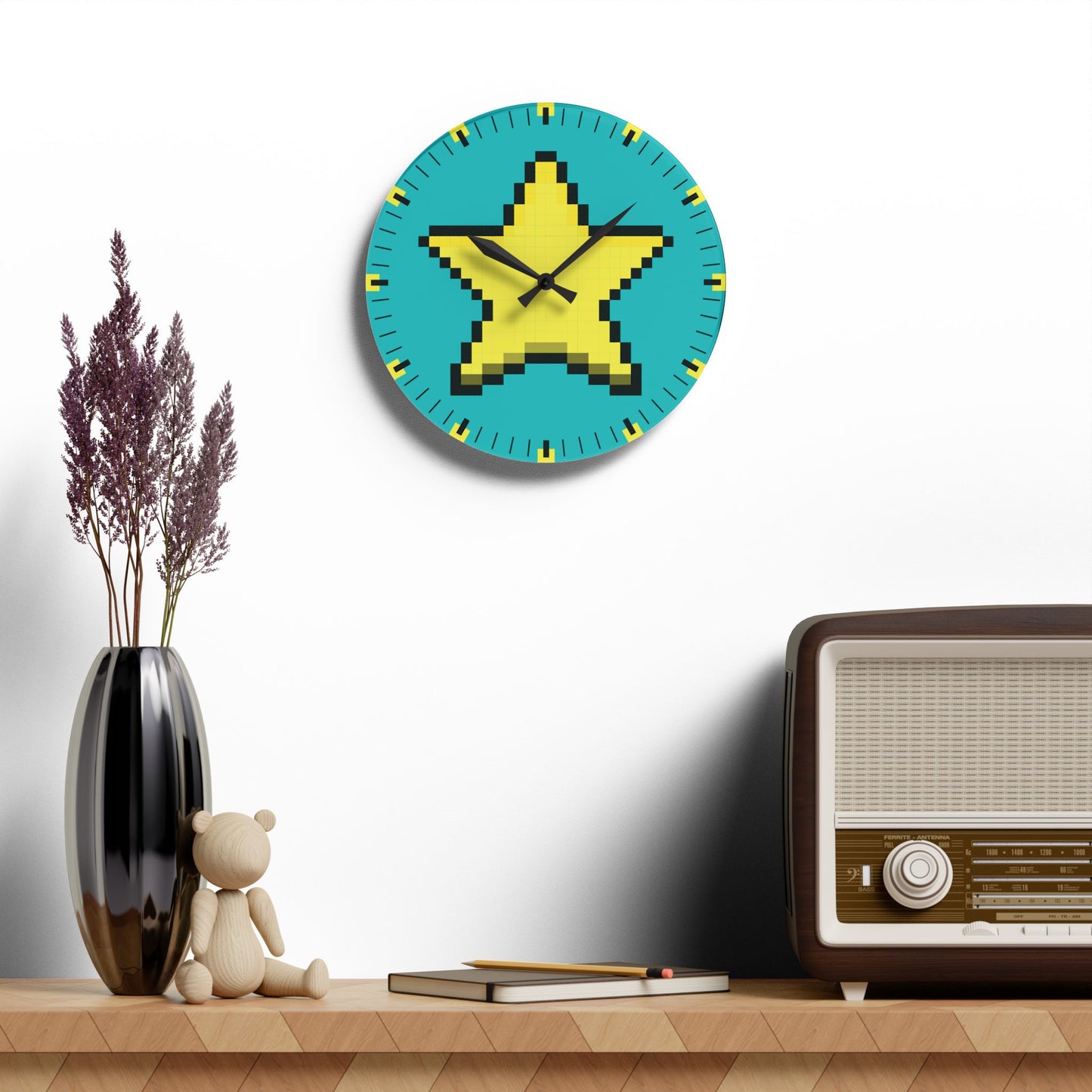 Star Retro Pixel Art Vibrant Teal Acrylic Wall Clock